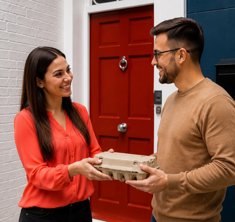 Amy delivering eggs to her neighbor